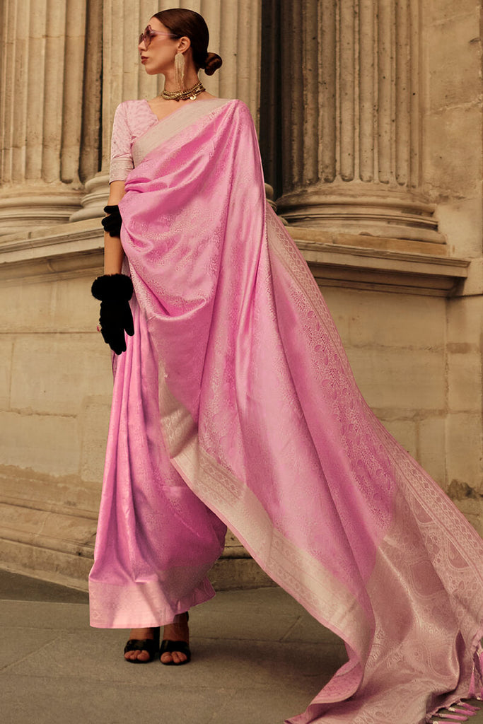 Pink Elegant Satin Silk Blend Saree with Matching Blended Silk Blouse Piece ClothsVilla
