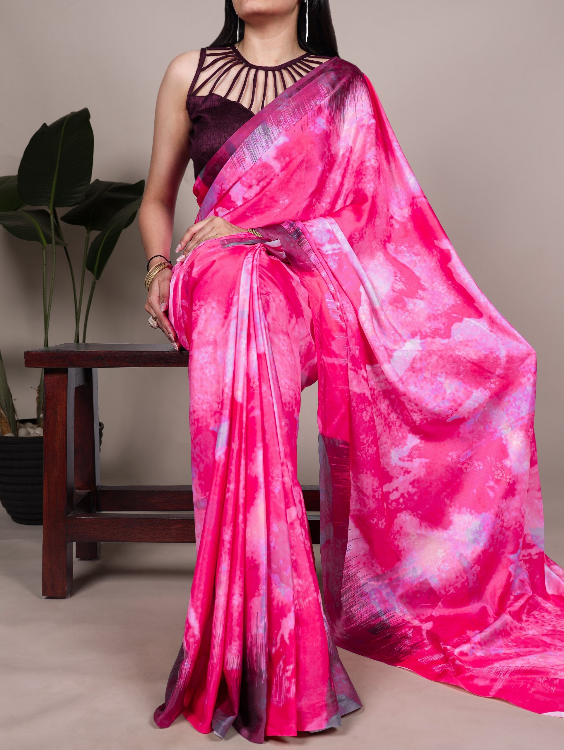 Pink Elegant Satin Silk Printed Saree with Banglory Blouse Piece – Soft, Lustrous & Timeless Ethnic Drape ClothsVilla Main image
