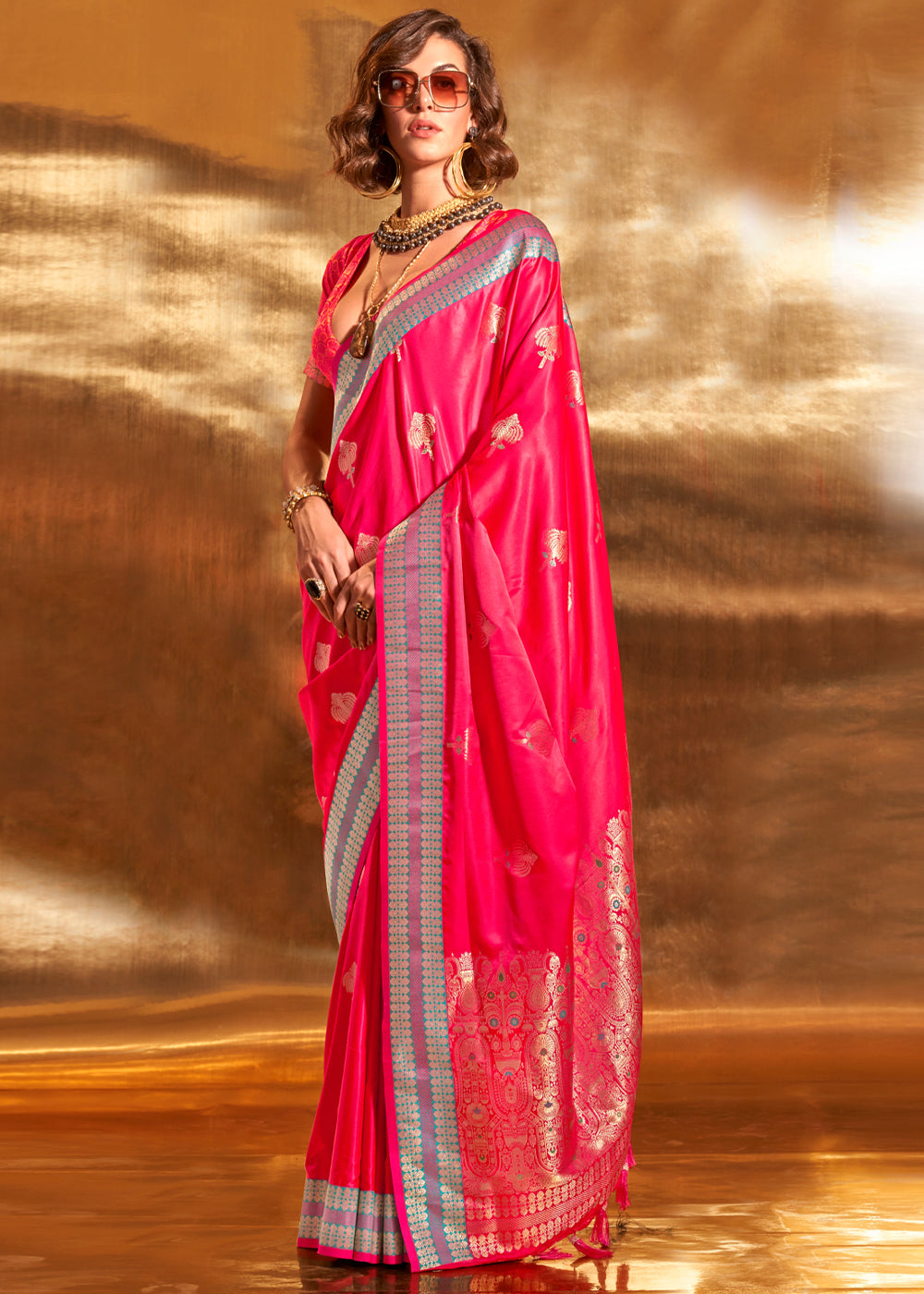 Pink Elegant Satin Silk Saree – Luxurious Drape for Every Occasion ClothsVilla Main image