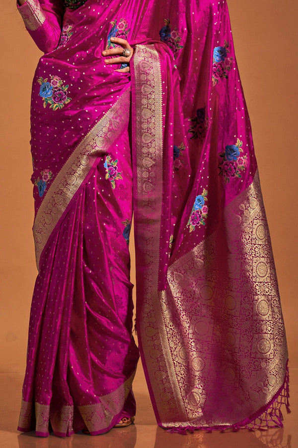 Pink Elegant Satin Traditional Saree with Zari & Thread Work ClothsVilla