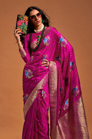 Pink Elegant Satin Traditional Saree with Zari & Thread Work ClothsVilla