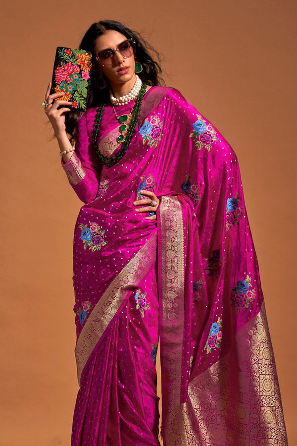 Pink Elegant Satin Traditional Saree with Zari & Thread Work ClothsVilla