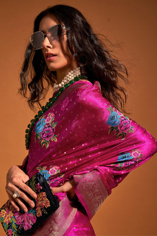 Pink Elegant Satin Traditional Saree with Zari & Thread Work ClothsVilla