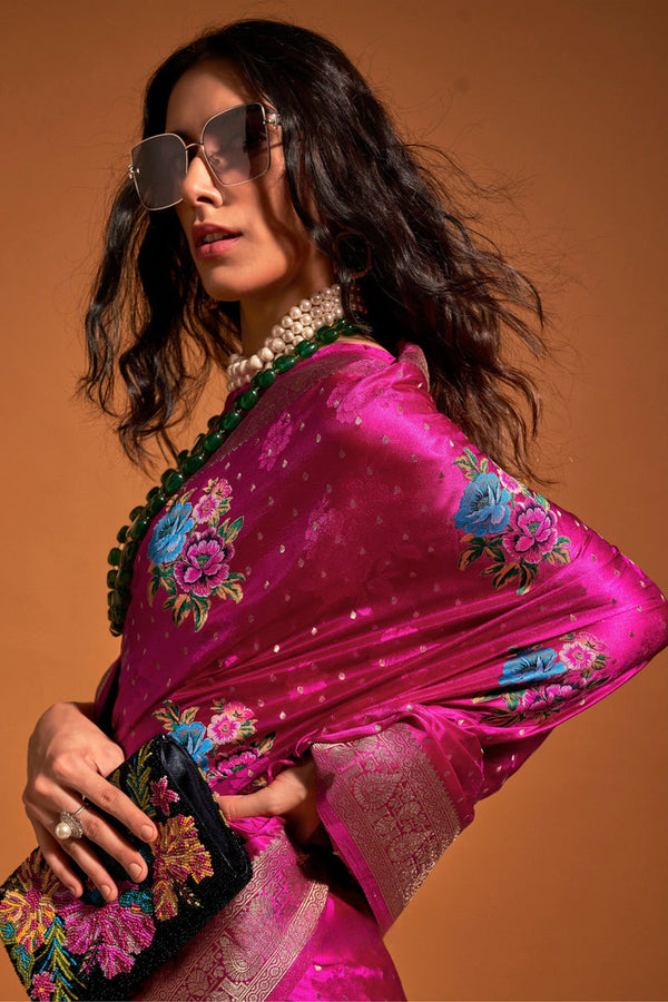 Pink Elegant Satin Traditional Saree with Zari & Thread Work ClothsVilla