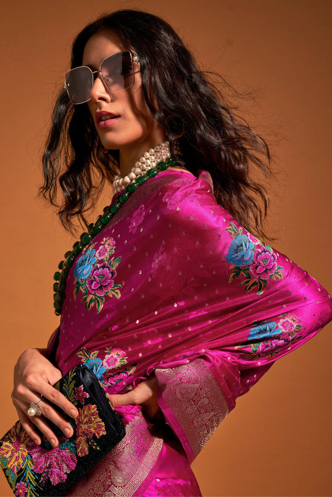 Pink Elegant Satin Traditional Saree with Zari & Thread Work ClothsVilla