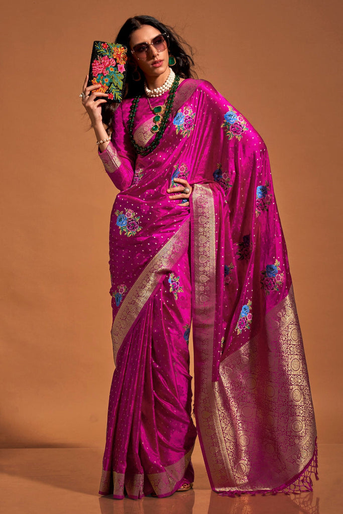 Pink Elegant Satin Traditional Saree with Zari & Thread Work ClothsVilla