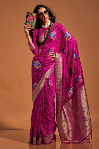 Pink Elegant Satin Traditional Saree with Zari & Thread Work ClothsVilla