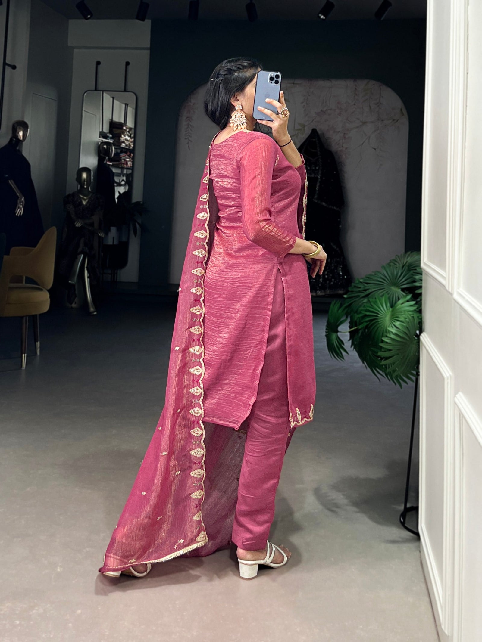 Pink Elegant Silver Glory Embroidered Suit Set – Sequins & Thread Work with Roman Silk Bottom Clothsvilla