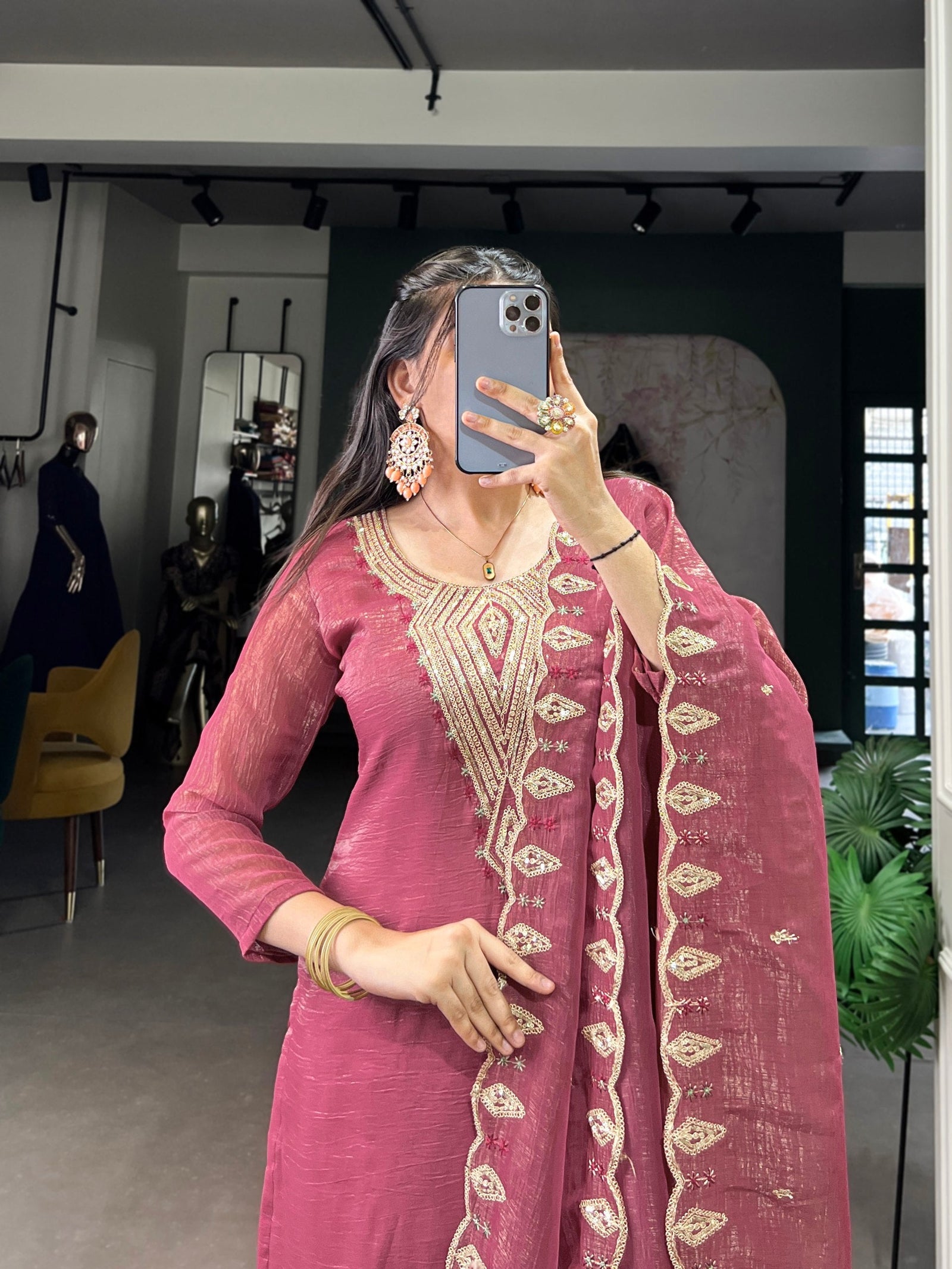 Pink Elegant Silver Glory Embroidered Suit Set – Sequins & Thread Work with Roman Silk Bottom Clothsvilla