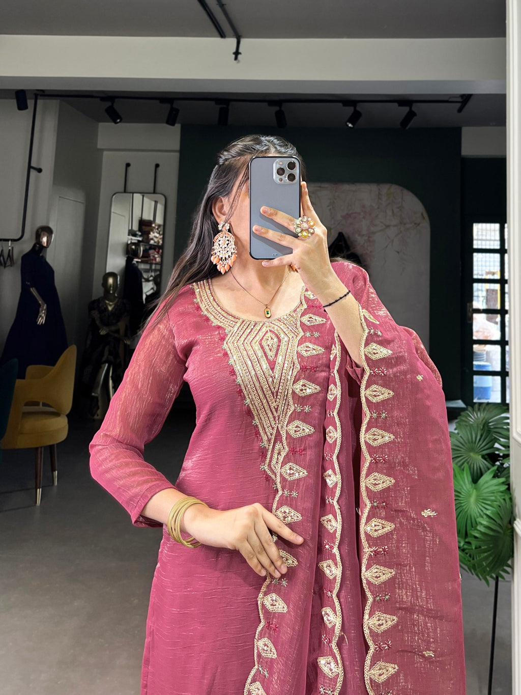 Pink Elegant Silver Glory Embroidered Suit Set – Sequins & Thread Work with Roman Silk Bottom Clothsvilla