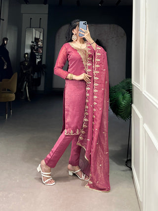 Pink Elegant Silver Glory Embroidered Suit Set – Sequins & Thread Work with Roman Silk Bottom Clothsvilla