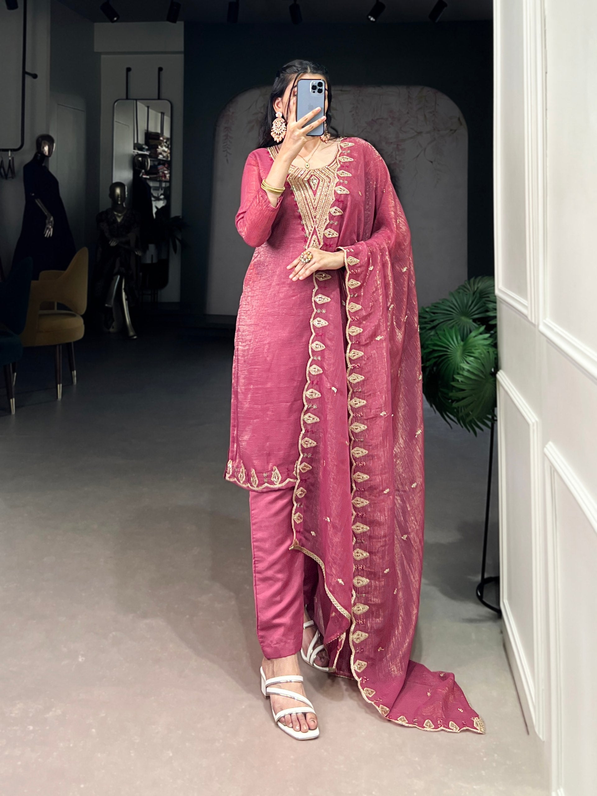Pink Elegant Silver Glory Embroidered Suit Set – Sequins & Thread Work with Roman Silk Bottom Secondary image