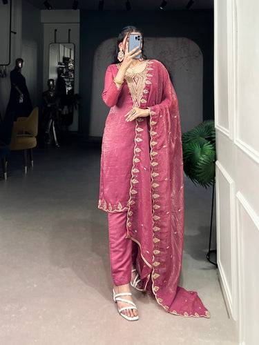Pink Elegant Silver Glory Embroidered Suit Set – Sequins & Thread Work with Roman Silk Bottom Clothsvilla