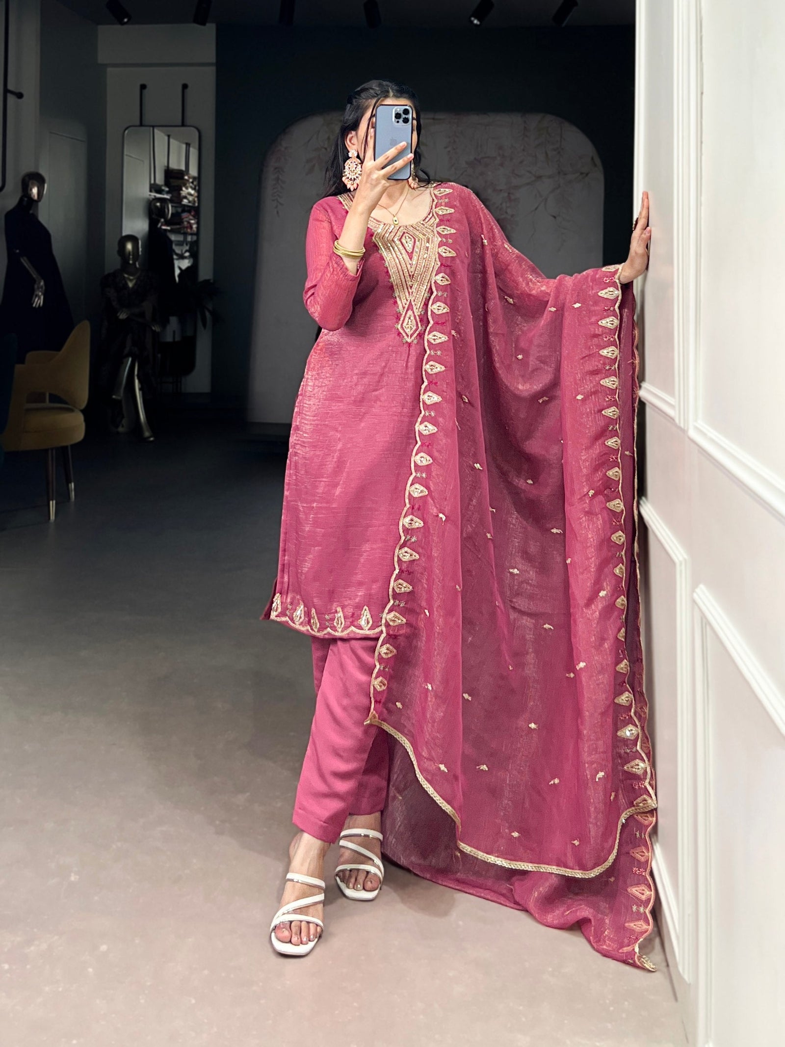 Pink Elegant Silver Glory Embroidered Suit Set – Sequins & Thread Work with Roman Silk Bottom Clothsvilla