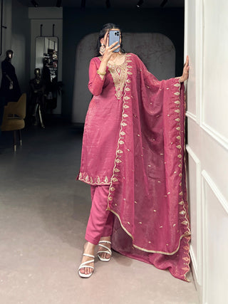 Pink Elegant Silver Glory Embroidered Suit Set – Sequins & Thread Work with Roman Silk Bottom Clothsvilla