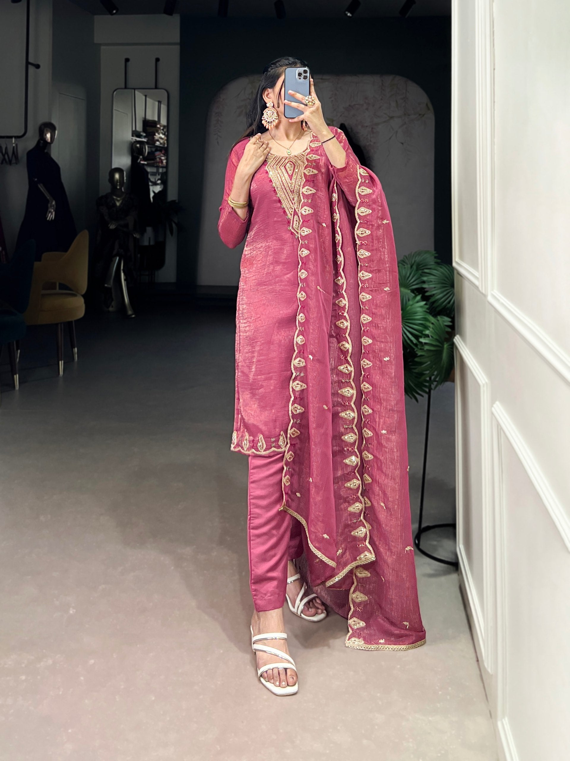 Pink Elegant Silver Glory Embroidered Suit Set – Sequins & Thread Work with Roman Silk Bottom Clothsvilla Main image