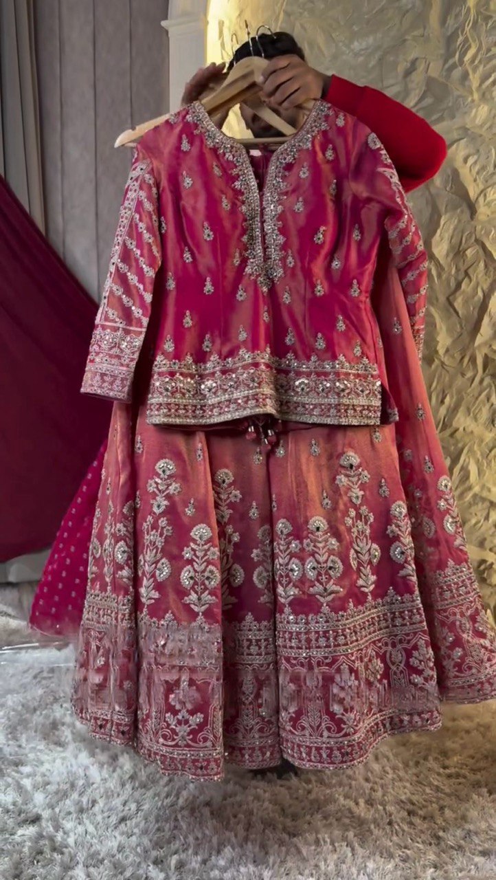 Pink Elegant Simmer Silk Lehenga Set with Dupatta