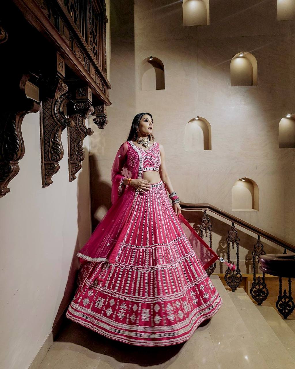Pink Elegant Slub Silk Lehenga Set with Thread & Paper Mirror Work – Unstitched Blouse & Net Dupatta ClothsVilla