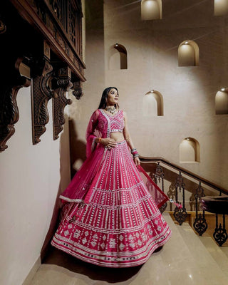 Pink Elegant Slub Silk Lehenga Set with Thread & Paper Mirror Work – Unstitched Blouse & Net Dupatta ClothsVilla