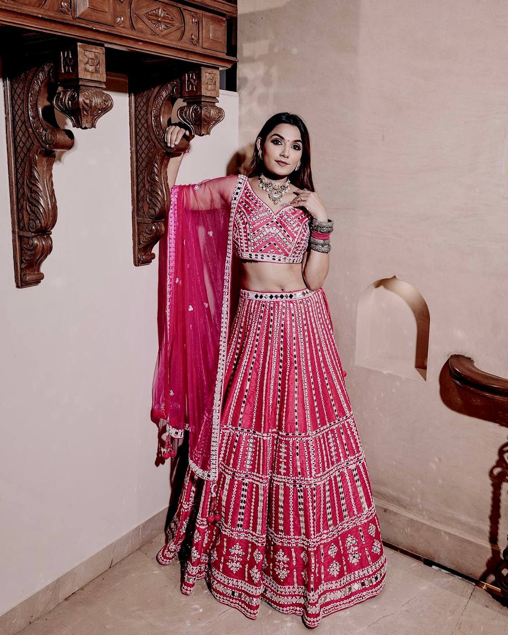 Pink Elegant Slub Silk Lehenga Set with Thread & Paper Mirror Work – Unstitched Blouse & Net Dupatta ClothsVilla