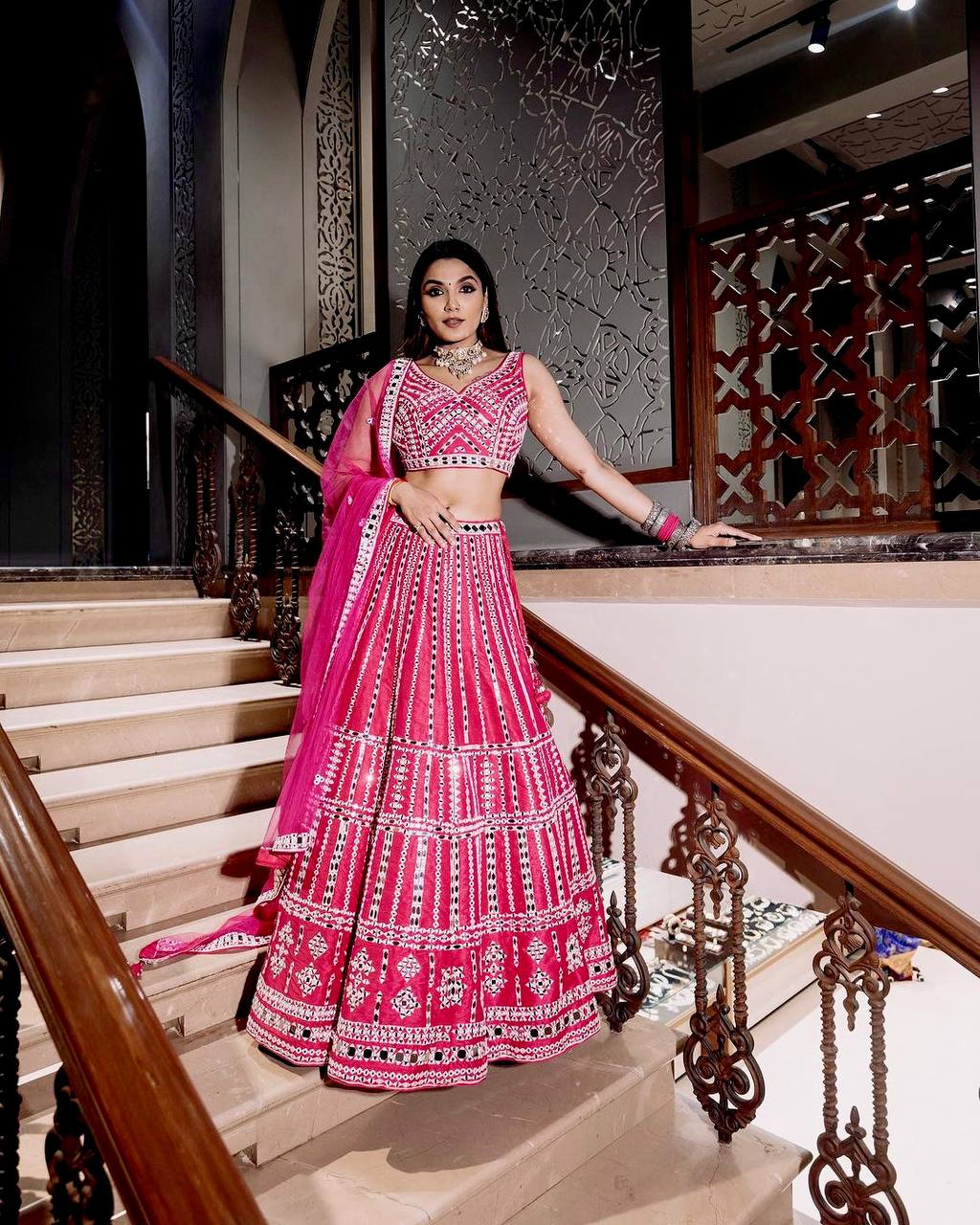 Pink Elegant Slub Silk Lehenga Set with Thread & Paper Mirror Work – Unstitched Blouse & Net Dupatta ClothsVilla