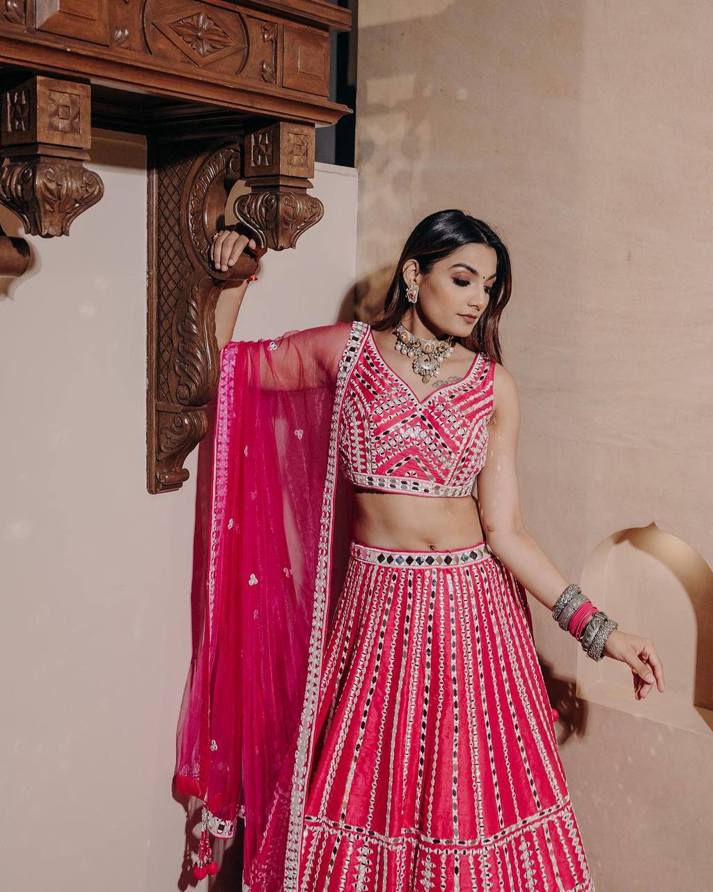 Pink Elegant Slub Silk Lehenga Set with Thread & Paper Mirror Work – Unstitched Blouse & Net Dupatta ClothsVilla