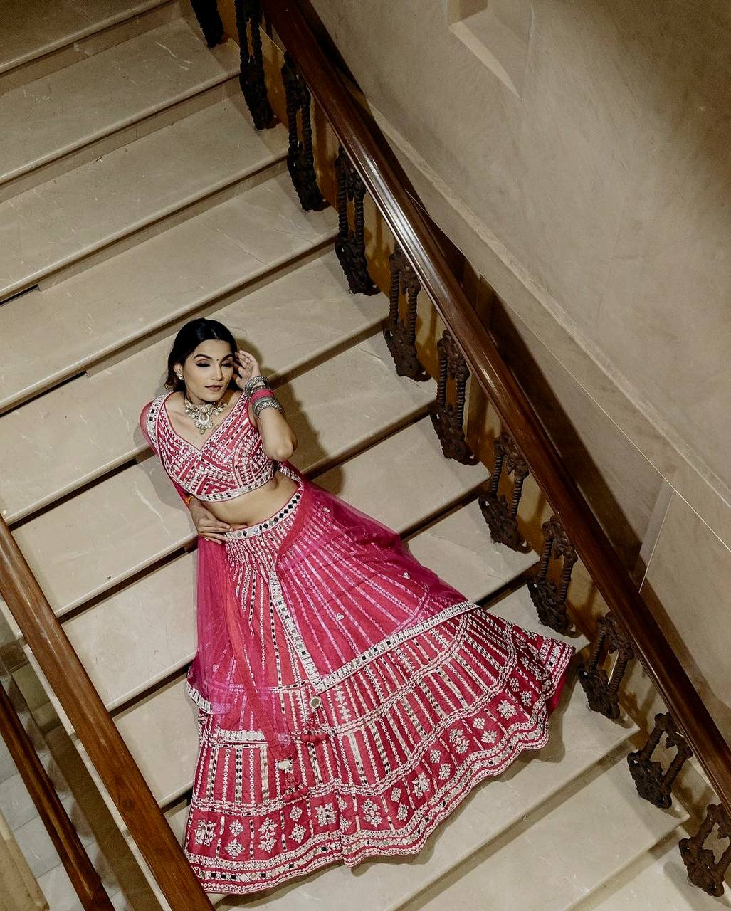 Pink Elegant Slub Silk Lehenga Set with Thread & Paper Mirror Work – Unstitched Blouse & Net Dupatta ClothsVilla