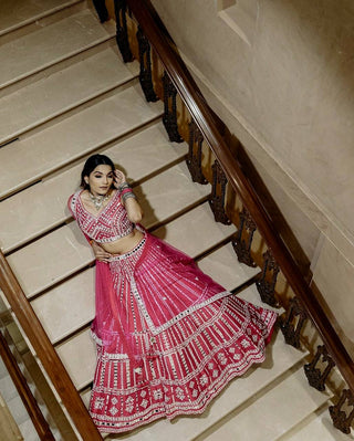 Pink Elegant Slub Silk Lehenga Set with Thread & Paper Mirror Work – Unstitched Blouse & Net Dupatta ClothsVilla