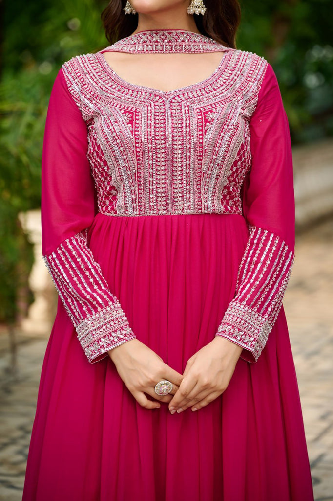 Pink Elegant Star Georgette Embroidered Gown with Dupatta – Beads & Sequins Work ClothsVilla