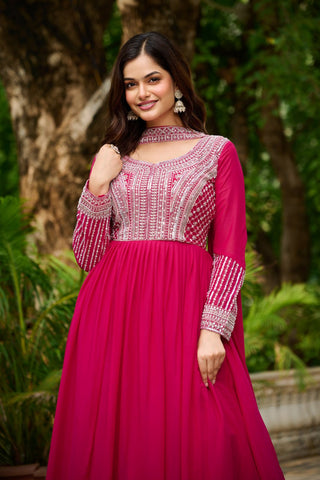 Pink Elegant Star Georgette Embroidered Gown with Dupatta – Beads & Sequins Work ClothsVilla