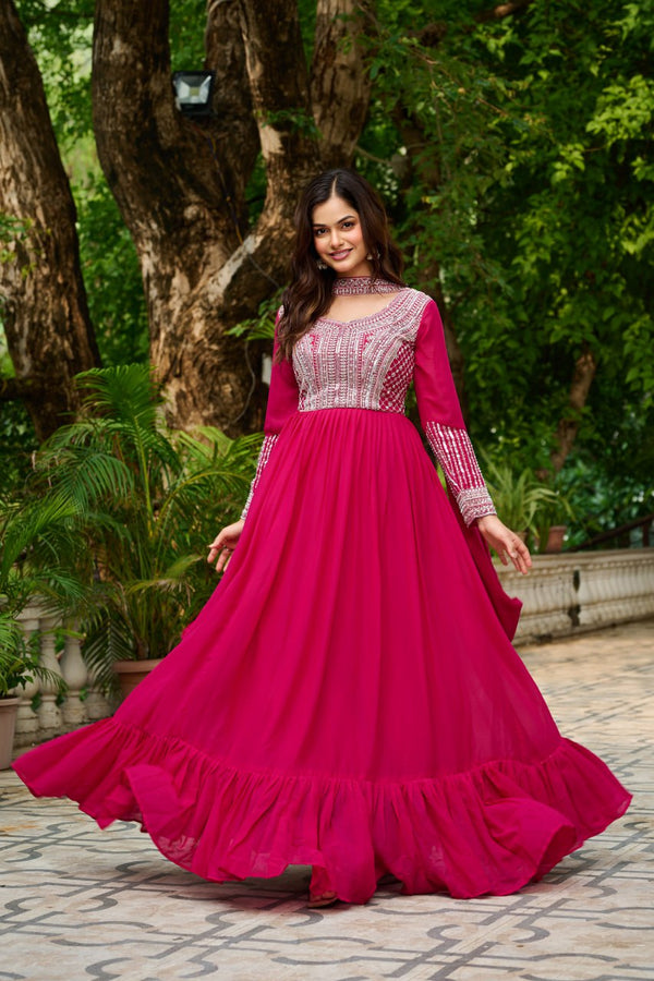 Pink Elegant Star Georgette Embroidered Gown with Dupatta – Beads & Sequins Work ClothsVilla