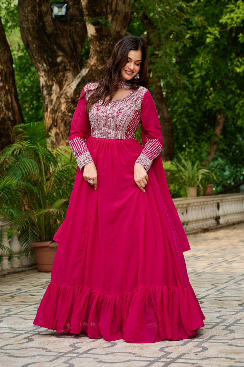Pink Elegant Star Georgette Embroidered Gown with Dupatta – Beads & Sequins Work ClothsVilla