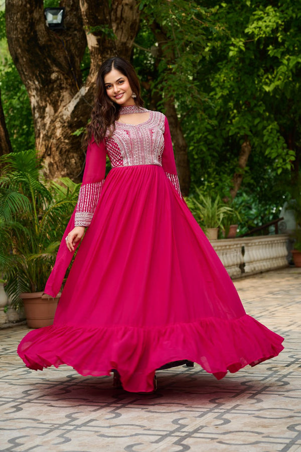 Pink Elegant Star Georgette Embroidered Gown with Dupatta – Beads & Sequins Work ClothsVilla