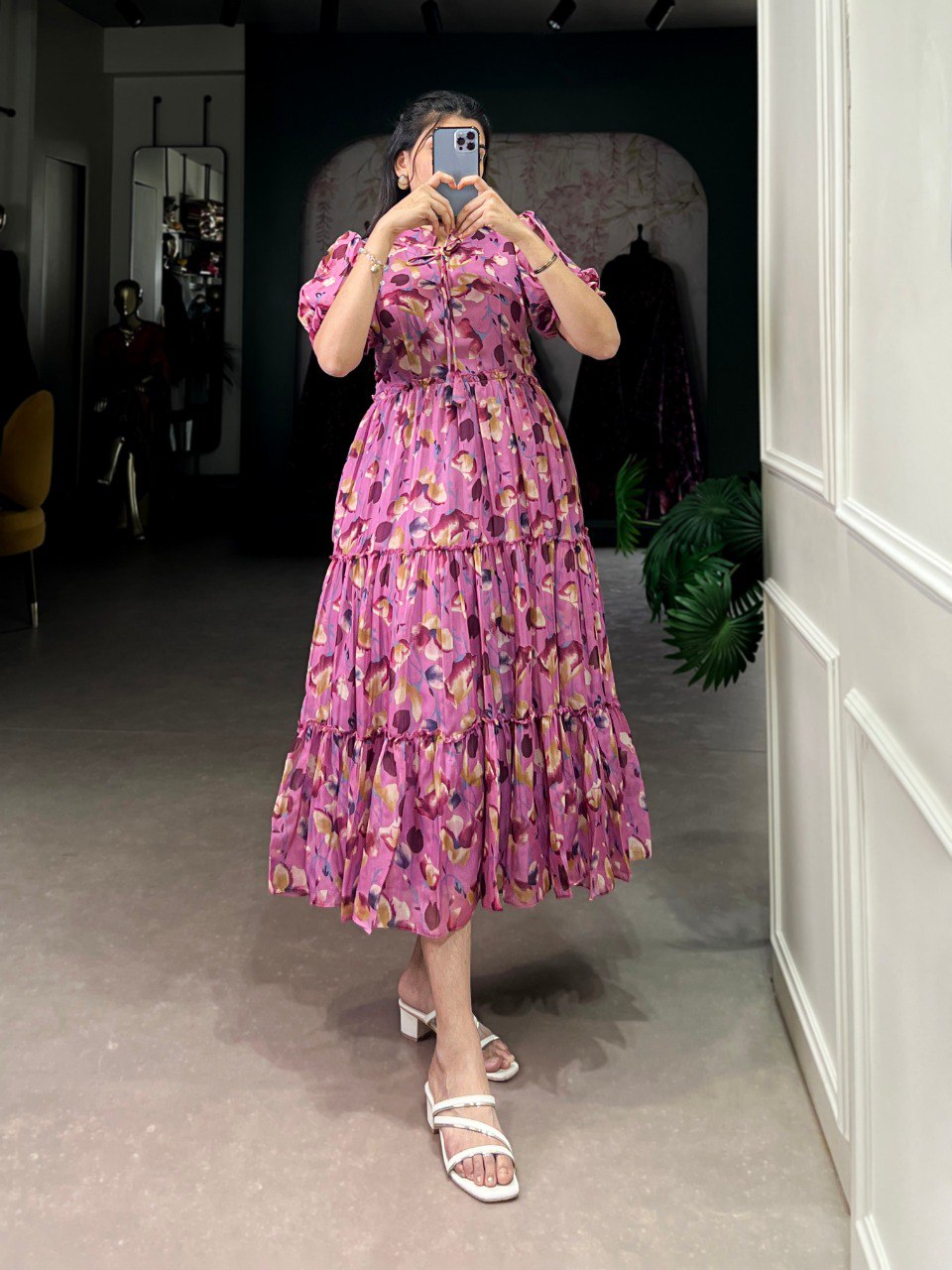 Pink Elegant Tabby Silk Printed Frock – A Timeless Statement of Sophistication