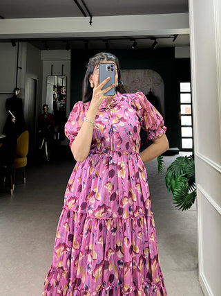 Pink Elegant Tabby Silk Printed Frock – A Timeless Statement of Sophistication