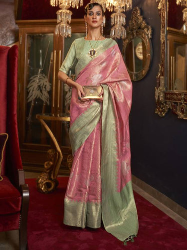 Pink Elegant Tanchoi Woven Banarasi Silk Blend Saree with Blouse Piece ClothsVilla