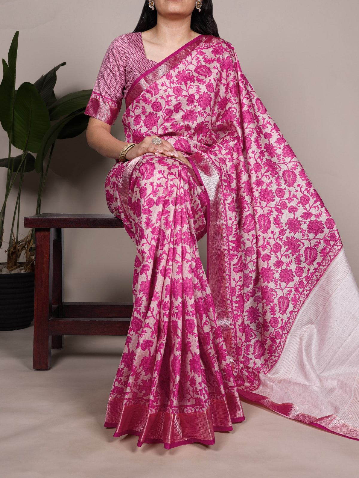 Pink Elegant Tasar Silk Printed Saree with Viscose Border & Matching Unstitched Blouse – Premium Traditional Party & Festive Wear ClothsVilla Main image