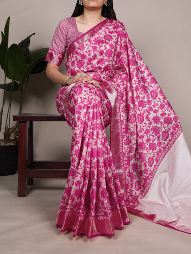 Pink Elegant Tasar Silk Printed Saree with Viscose Border & Matching Unstitched Blouse – Premium Traditional Party & Festive Wear ClothsVilla