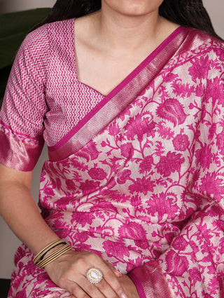 Pink Elegant Tasar Silk Printed Saree with Viscose Border & Matching Unstitched Blouse – Premium Traditional Party & Festive Wear ClothsVilla
