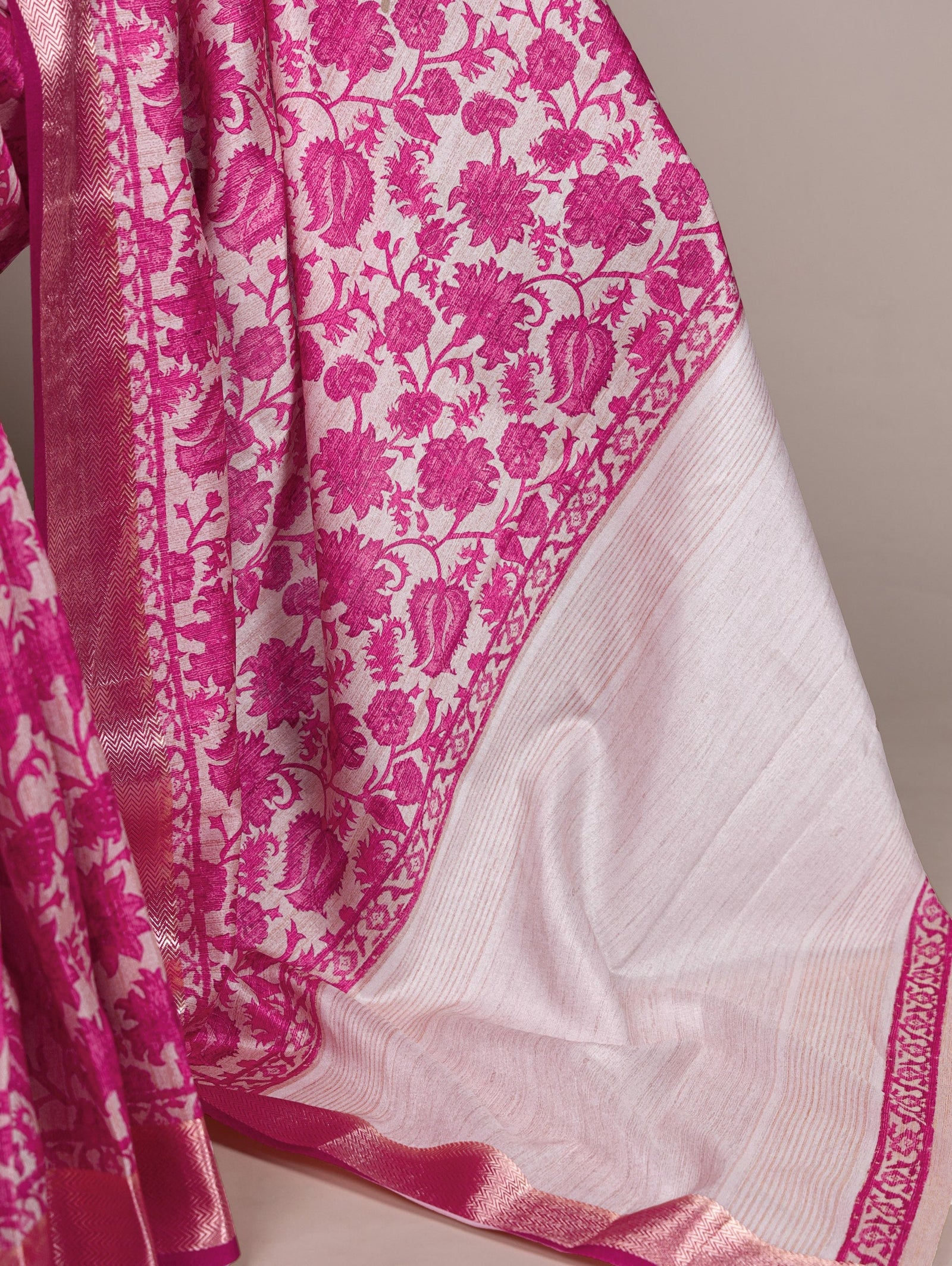 Pink Elegant Tasar Silk Printed Saree with Viscose Border & Matching Unstitched Blouse – Premium Traditional Party & Festive Wear ClothsVilla