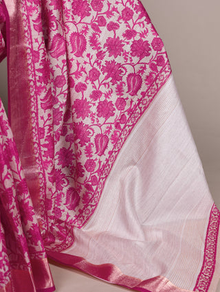 Pink Elegant Tasar Silk Printed Saree with Viscose Border & Matching Unstitched Blouse – Premium Traditional Party & Festive Wear ClothsVilla