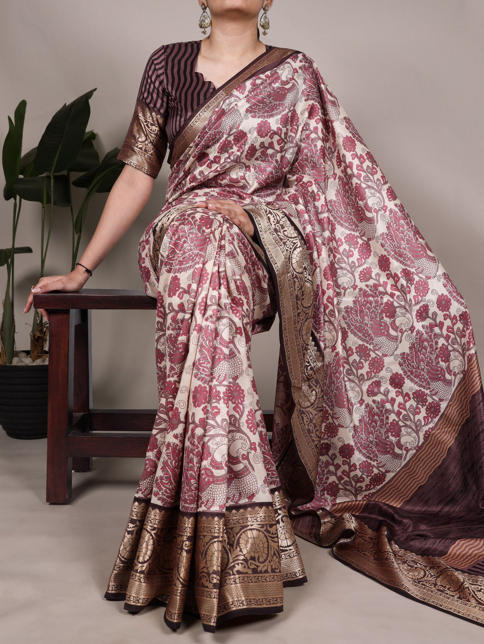 Pink Elegant Tasar Silk Printed Saree with Viscose Border & Unstitched Blouse – 5.5 Meter Traditional Silk Saree ClothsVilla