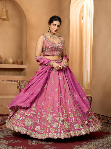 Pink Elegant Tissue Lehenga Choli with Matching Dupatta – Sequins, Stones & Thread Embroidery Festive & Party Wear ClothsVilla