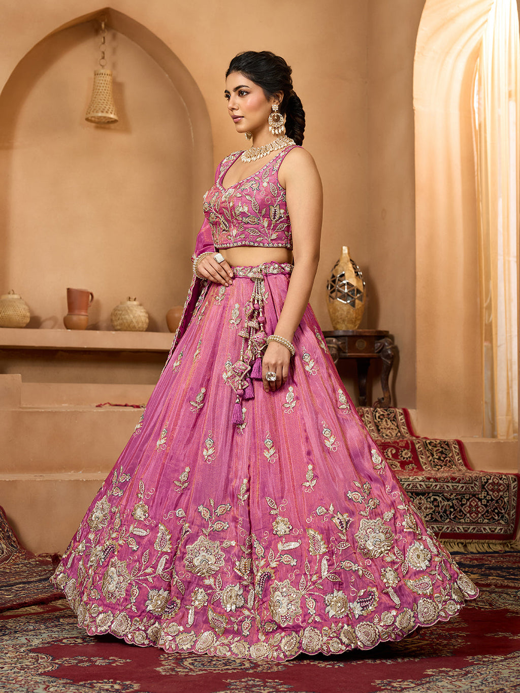 Pink Elegant Tissue Lehenga Choli with Matching Dupatta – Sequins, Stones & Thread Embroidery Festive & Party Wear ClothsVilla