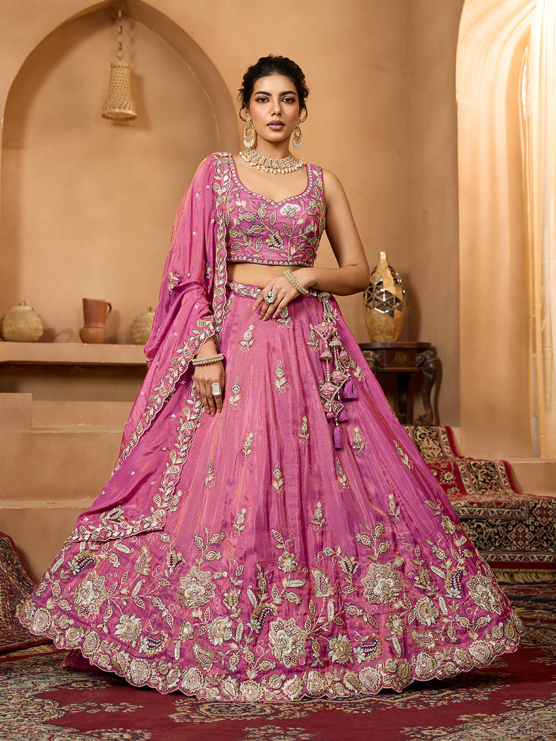 Pink Elegant Tissue Lehenga Choli with Matching Dupatta – Sequins, Stones & Thread Embroidery Festive & Party Wear ClothsVilla Main image