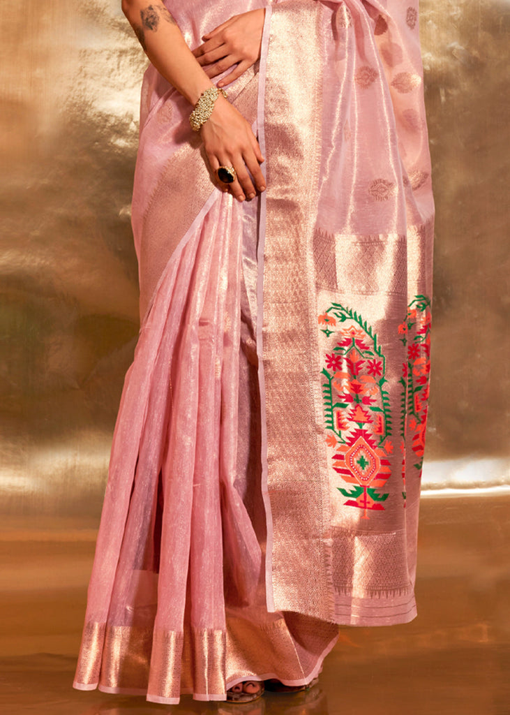 Pink Elegant Tissue Paithani Silk Saree with Designer Border & Embroidered Pallu ClothsVilla