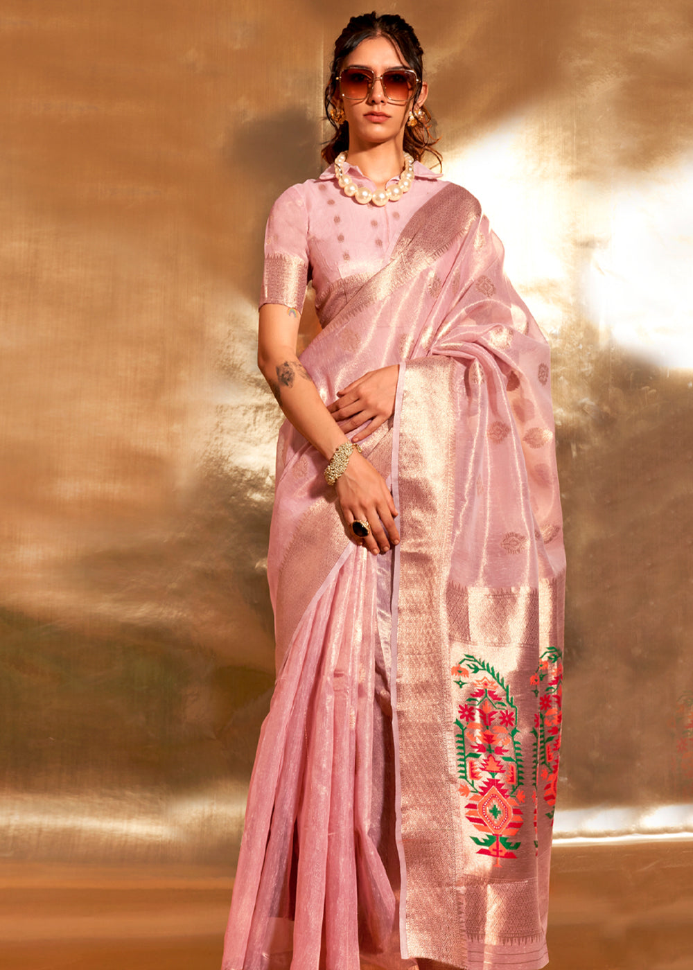 Pink Elegant Tissue Paithani Silk Saree with Designer Border & Embroidered Pallu ClothsVilla Main image
