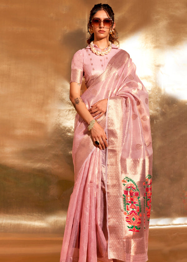 Pink Elegant Tissue Paithani Silk Saree with Designer Border & Embroidered Pallu ClothsVilla