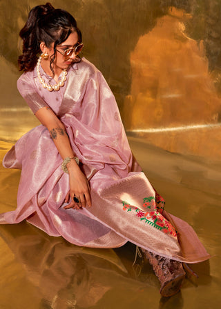 Pink Elegant Tissue Paithani Silk Saree with Designer Border & Embroidered Pallu ClothsVilla