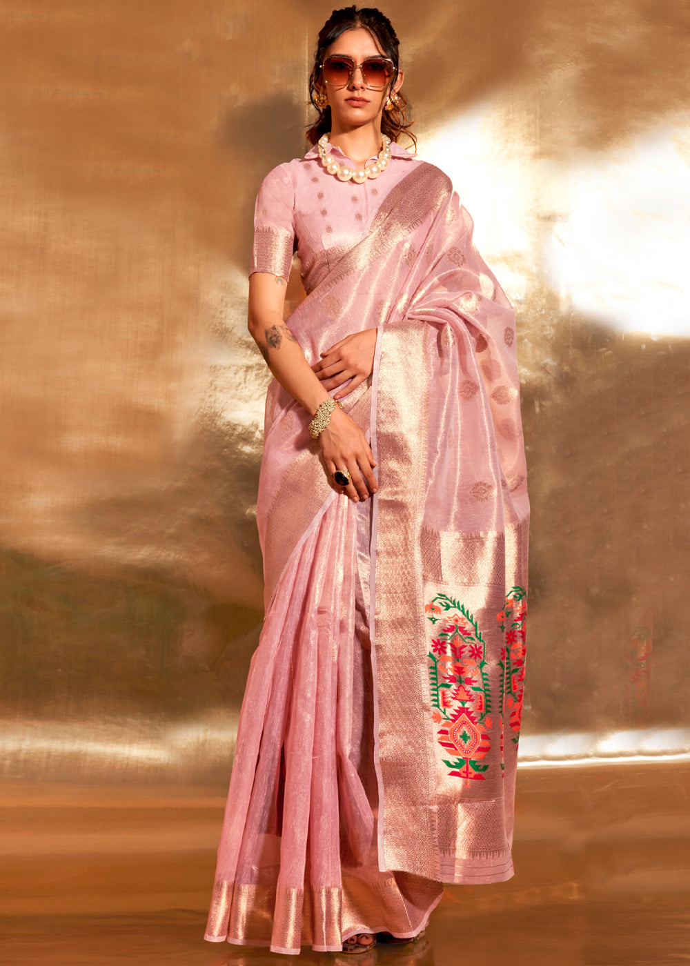 Pink Elegant Tissue Paithani Silk Saree with Designer Border & Embroidered Pallu Secondary image